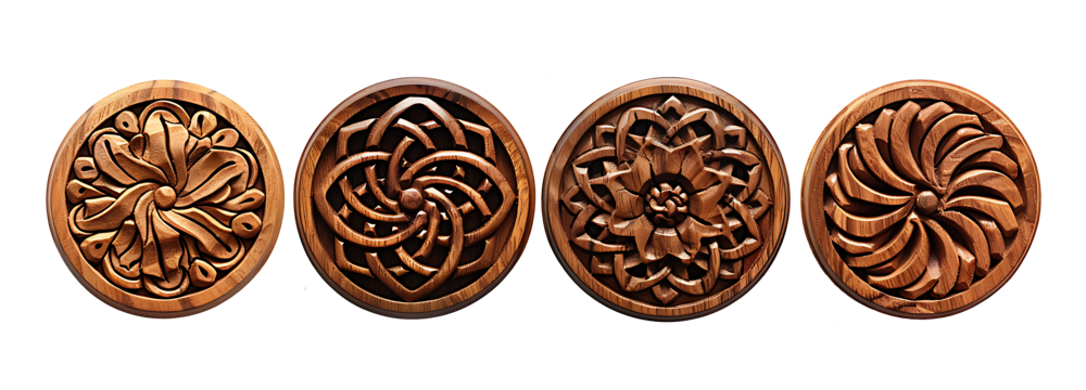 Beautiful woodwork set with round handmade Celtic wood carvings. - Powered by Adobe