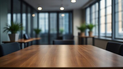 Corporate Workspace Table Amid Blurred Office Scene