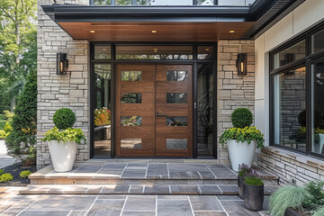 Modern wooden double doors with glass and a steel frame, stone pavers on the front walkway of an elegant home in soft neutral tones. Created with Ai