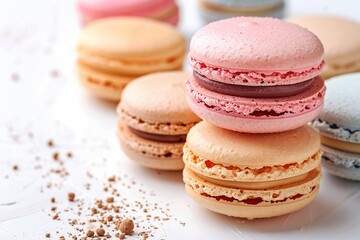 Fototapeta premium Macarons cakes on white background Colorful delicious french macarones wide banner