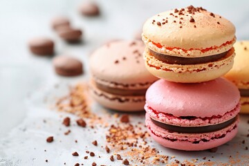 Macarons cakes on white background Colorful delicious french macarones wide banner