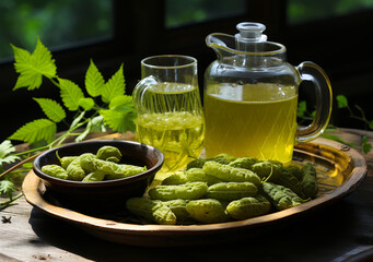 Nutraceutical Still Life: Bitter Gourd Vegetable, Herbal Tea, Natural Ingredients for Healthy Lifestyle, Fitness Concept