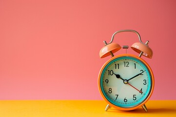 Old alarm clock on yellow pink background copy space for text