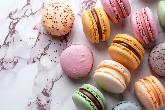Macarons cakes on white background Colorful delicious french macarones wide banner