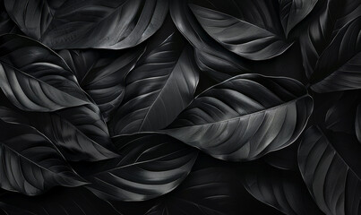 Vibrant Black Tropical Foliage Background - Digital Art Nature Pattern, Dark Botanical Leaf Texture Overlay