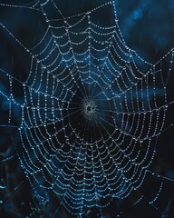 spider web glistens with dew against a mysterious, dark and empty background