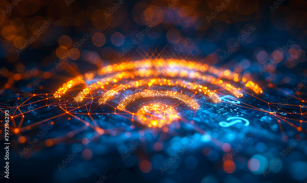 Poster wireless network and wifi symbol - abstract data technology background, futuristic digital connectiv
