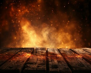 An empty wooden surface stands before an intense, blazing fire with sparks flying, suggesting a sense of anticipation copy space for text