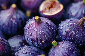 A cluster of ripe, succulent figs, their deep purple skins glistening against a backdrop of serene simplicity, inviting a taste of Mediterranean sweetness.