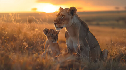 A heartwarming scene of an African lioness teaching her energetic cub essential hunting skills in...