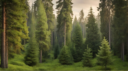 forest in the morning Misty landscape with fir forest in hipster vintage retro style.Generative.Ai