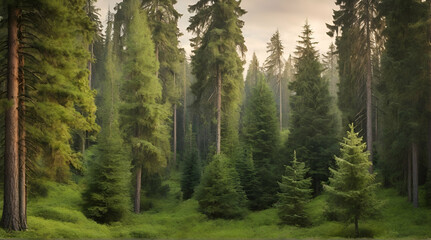Fototapeta premium forest in the morning Misty landscape with fir forest in hipster vintage retro style.Generative.Ai