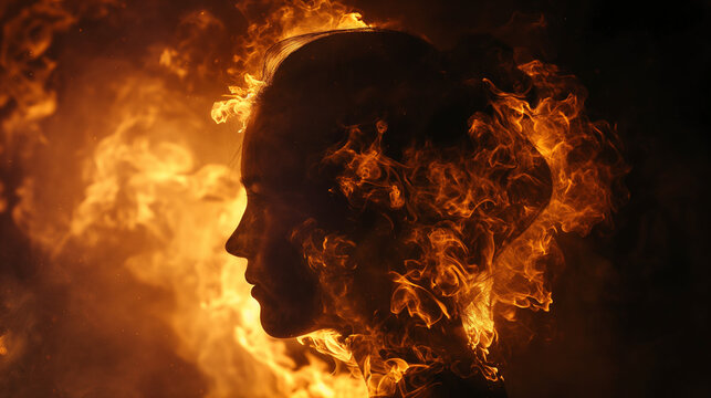 A wild girl made entirely of fire, on a black background, power of girl
