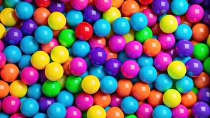 Many rainbow gradient random bright soft balls background. Colorful balls background for kids zone or children's playroom. Huge pile of colorful balls in different sizes.