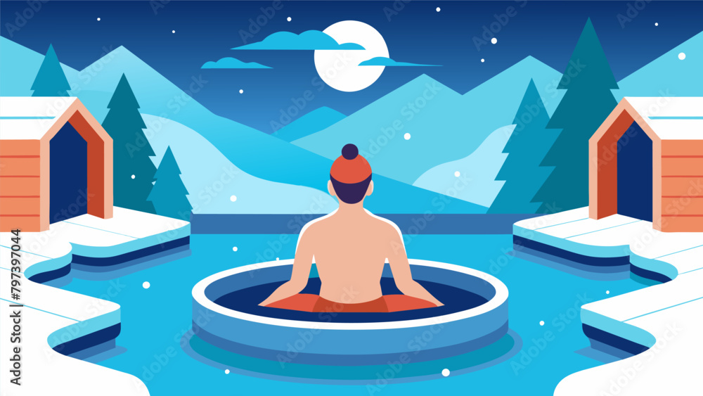 Poster taking turns between the dry heat of the sauna and the icy blast of a snowcovered plunge pool creati