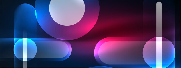 A dark background illuminated by glowing circles and lines in shades of purple, violet, pink, magenta, and electric blue. Reminiscent of automotive lighting and gas tints