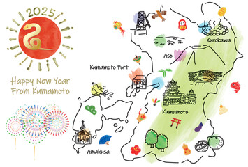 熊本県の観光地のイラストマップ年賀状2025年