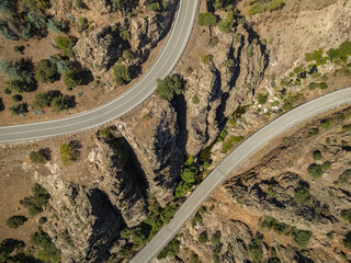 Aerial view of the Despeñaperros gorge and the roads that cross the strait (Jaén, Andalusia, Spain)