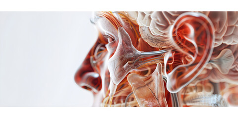 An intricate 3D illustration of the human inner ear structures and auditory pathways highlighted with vibrant colors. - obrazy, fototapety, plakaty