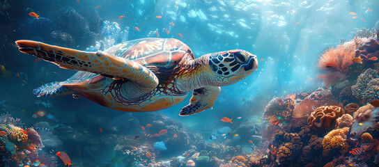 A majestic sea turtle gracefully glides through the crystal clear waters of an exotic coral reef. Created with Ai