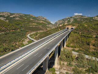 Aerial view of the Despe&ntilde;aperros gorge and the roads that cross the strait (Ja&eacute;n, Andalusia, Spain)