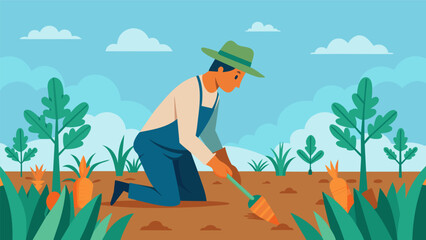 A farmer carefully handweeding a bed of carrots using the ageold od of intercropping to control weeds without the use of herbicides. - obrazy, fototapety, plakaty