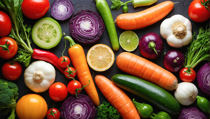 Food background with assortment of fresh organic vegetables and fruits - obrazy, fototapety, plakaty