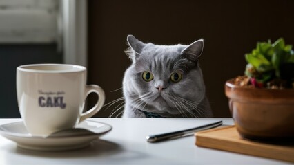 beautiful funny grey British cat peeking out from behind a white table with copy space - obrazy, fototapety, plakaty