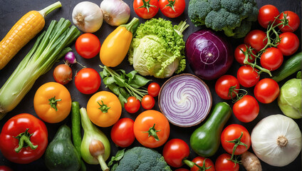 Fototapeta na wymiar Food background with assortment of fresh organic vegetables and fruits