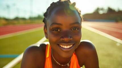 The close up picture of the african female athlete as marathon runner at the running track, marathon runner require skills like the physical endurance, training, speed, stamina and strength. AIG43.