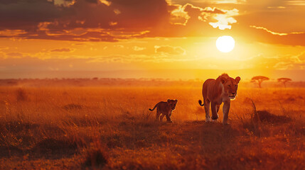 Fototapeta na wymiar A breathtaking scene unfolds as an African lioness and her cub traverse the vast landscapes of Maasai Mara, the sun setting behind them, painting the sky in hues of orange and gold