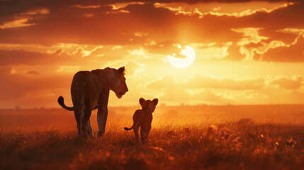 A breathtaking scene unfolds as an African lioness and her cub traverse the vast landscapes of...