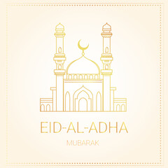 Happy Eid Adha mubarak greeting line arabic card with islamic golden mosque. Vector illustration