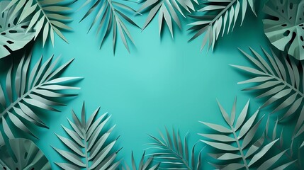Fototapeta na wymiar Tropical paper palm leaf frame. Summer tropical leaves. Origami exotic Hawaiian forest, summer background. Paper cut.