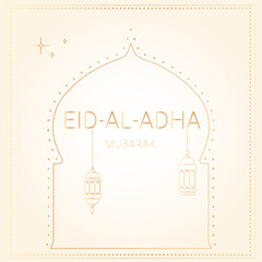 Eid Al Adha Background with golden arch and Islamic Arabic lanterns. Greeting card for Islamic festival. Vector illustration.