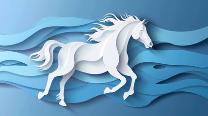 Paper cut Horse icon isolated on blue background. Paper art style. Vector Illustration - obrazy, fototapety, plakaty