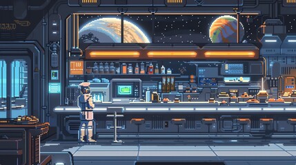 Incorporate elements of pixel art into a dynamic portrayal of Culinary Arts within space exploration Design a captivating scene featuring retro-futuristic space diners, pixelated chefs concocting cosm - obrazy, fototapety, plakaty