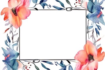 Simple square frame with colorful flowers and leaves border on a white background. - obrazy, fototapety, plakaty