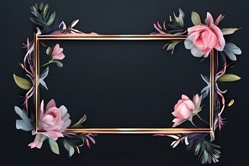 Square watercolor frame decorated with colorful wreaths in shades of pink, purple and yellow on a black background. - obrazy, fototapety, plakaty