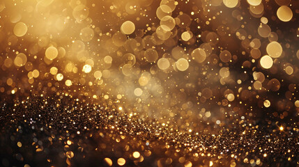 Champagne gold glitter floats gracefully amidst a blurred background, casting a radiant glow that exudes sophistication and glamour. - obrazy, fototapety, plakaty