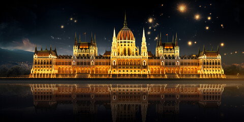 Budapest Parliament at night European riverfront with nighty background
 - obrazy, fototapety, plakaty