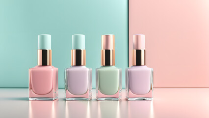 Four bottles of nail polish are lined up on a table