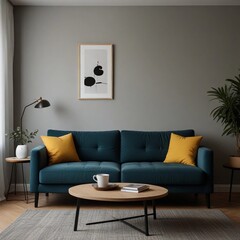 Modern Living Room with Blue Couch and Plant-Topped Coffee Table