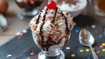 Ice Cream Sundae A decadent ice cream sundae served in a glass bowl, topped with scoops of creamy vanilla ice cream, chocolate syrup, whipped cream, sprinkles, and a cherry on top,