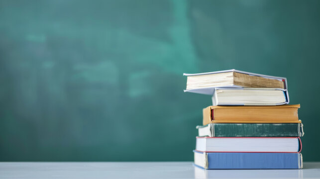 Stack of school textbooks on a white desk with blurred green chalkboard in background, room for copy space