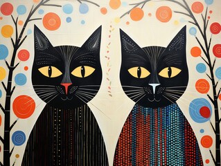 Whimsical cats, striped unity, polka dot contrast ,  illustration