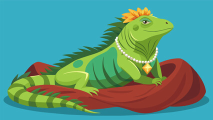 A chic iguana basks in the sun on a plush velvet pillow while munching on handpicked organic greens and wearing a bejeweled collar for special.