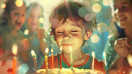 The drawing of the child blowing out the candles of the birthday cake with the happiness and the excitement, the birthday is the celebration day for celebrate the anniversary of their birth. AIG43.