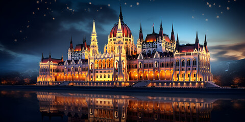 Night view of Budapest Parliament landmark tourist stunning with nighty background
 - obrazy, fototapety, plakaty