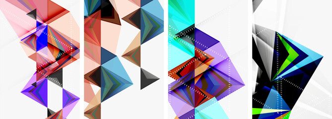 A vibrant display of creative arts featuring a set of four colorful geometric shapes rectangle, triangle, with electric blue tints and shades. Symmetrical patterns on a white background